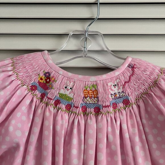 Vive La Fete smocked dress bunnies pink & white polka dot girl’s size 4T - Picture 2 of 8